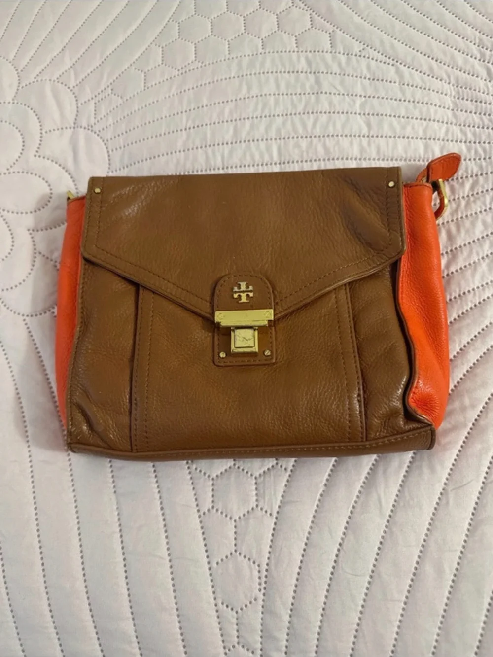 Vintage Tory Burch Brown Leather Crossbody with Orange Side Panels